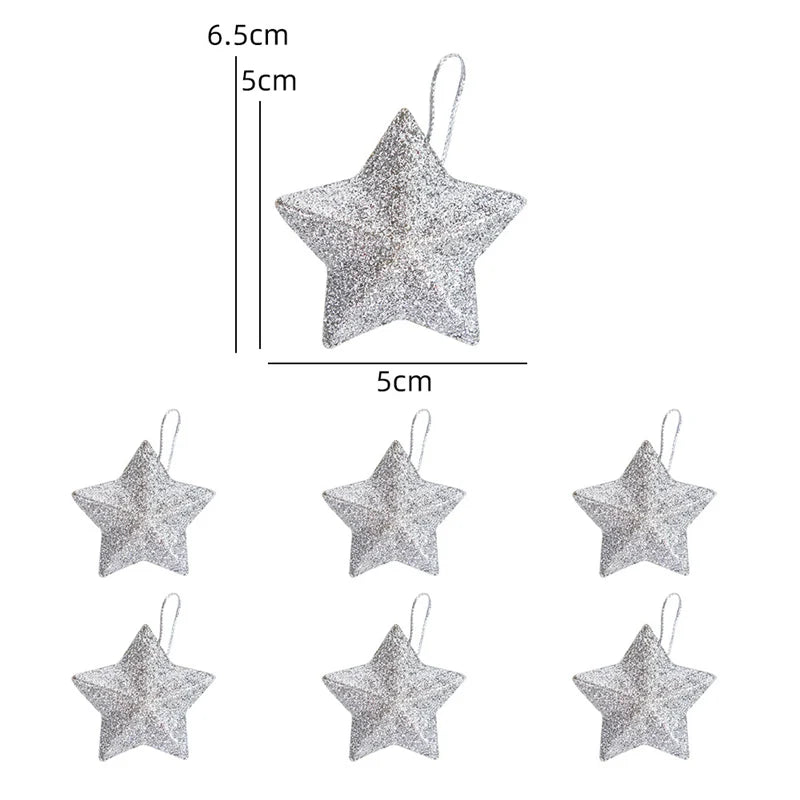 Gold Glitter Star Christmas Ornaments 2025 – Holiday Tree Pendants Christmas Tree Ornament Babs Silver 6pcs