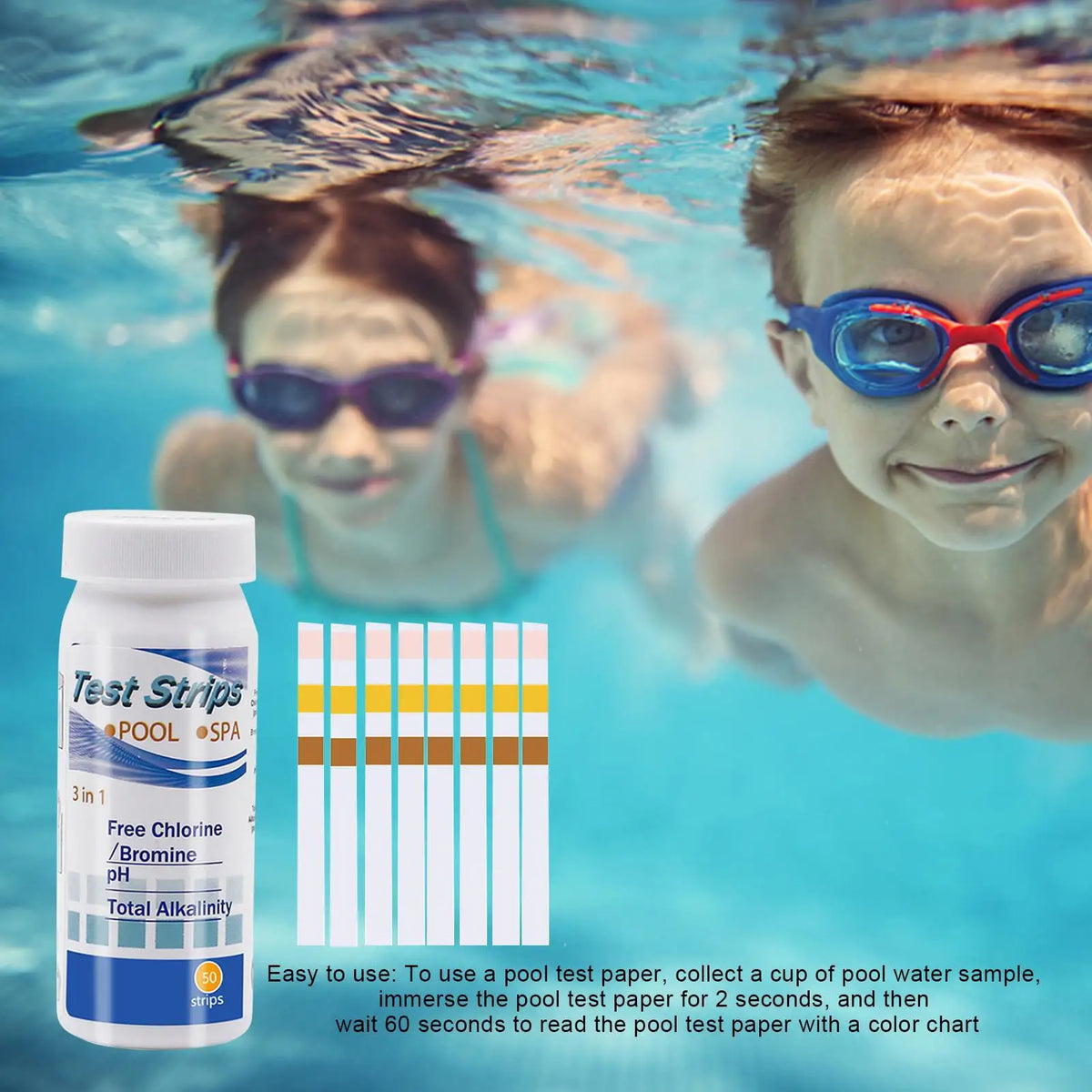 3-in-1 Pool & Spa Water Test Strips – pH & Chlorine, 50ct Water Test Strips Babs