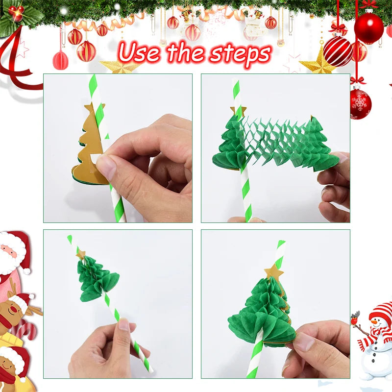 10Pcs 3D Christmas Tree Paper Straws – Holiday Party Décor Holiday Party Straws Babs