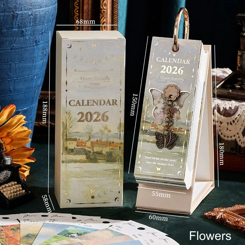 2026 Small Desk Flip Calendar – Vintage Golden Ring Binding Desk Calendar Babs Flowers