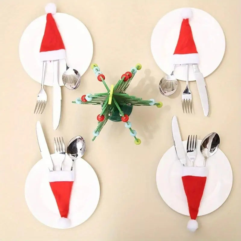 10 Mini Santa Hats – Christmas Cutlery & Wine Bottle Covers Christmas Decoration Set Babs