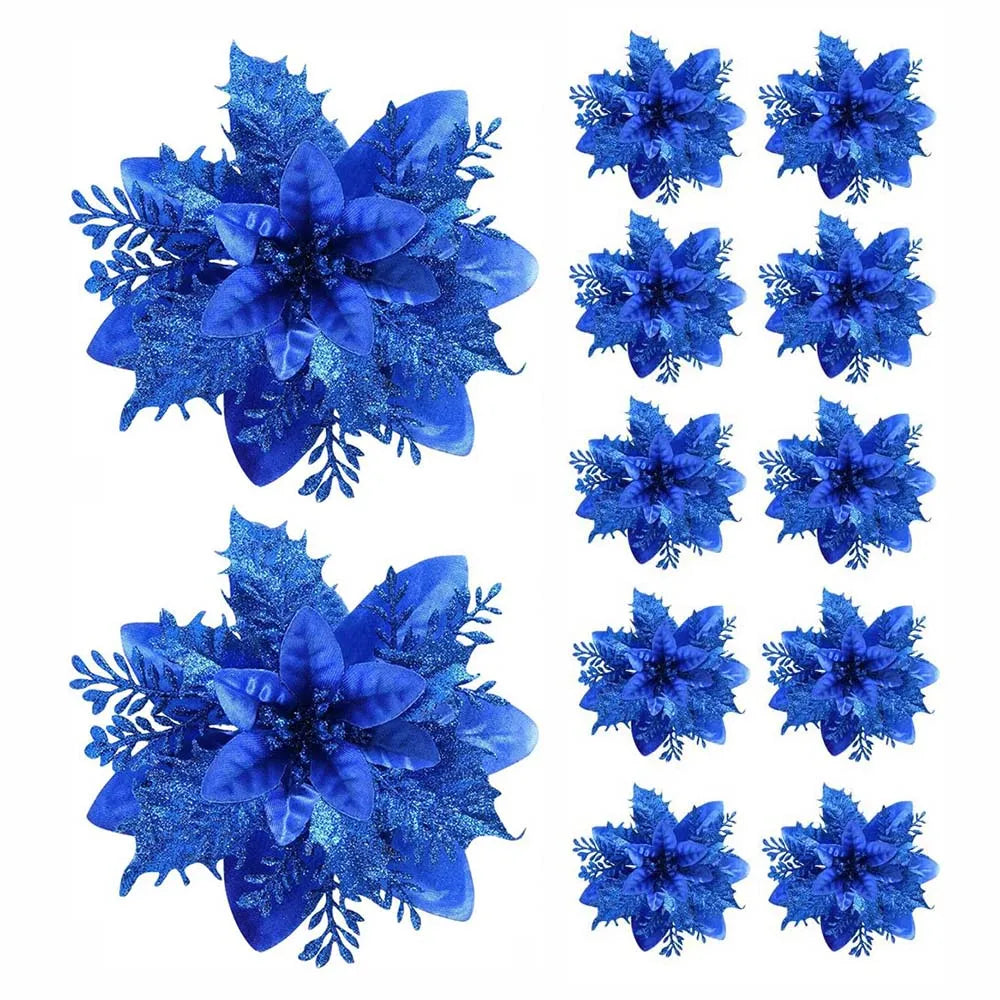 Christmas Glitter Flower Ornaments Pink Red Gold 5/10pcs Christmas Tree Ornaments Babs Blue 20Pcs