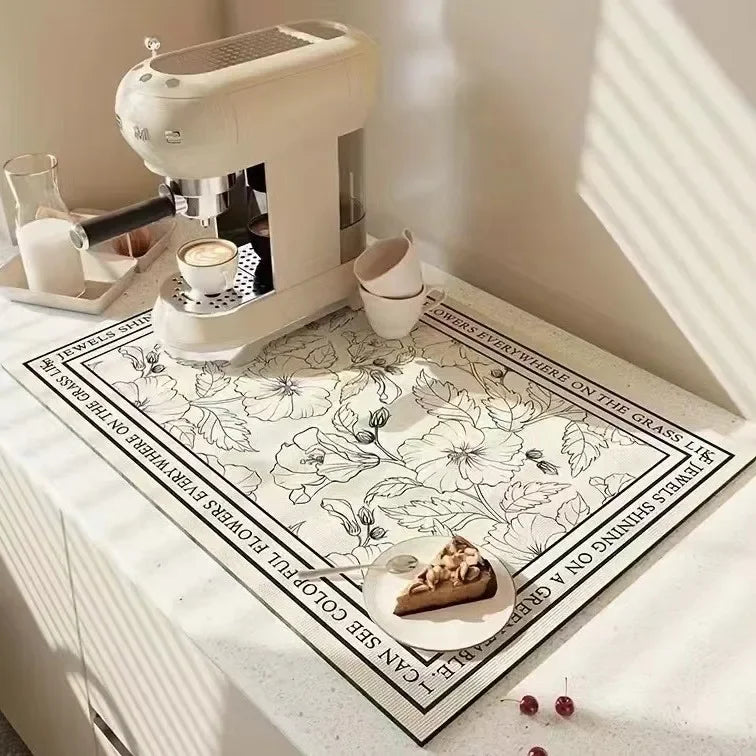 Diatom Mud Coffee Machine Mat – Quick-Dry Dish Drying Pad Dish Drying Mat Babs Beige Flower 40X50CM