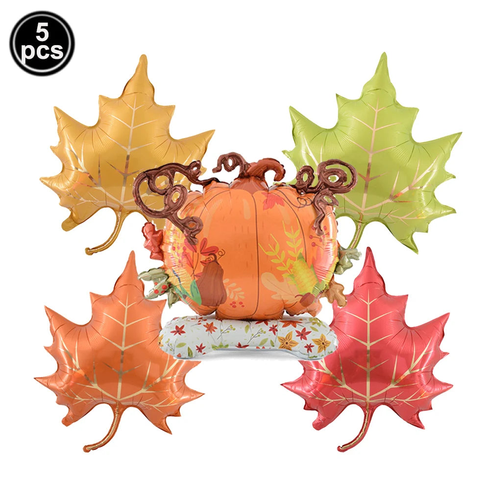5-Piece Thanksgiving Foil Balloon Set – Maple Leaf, Acorn & Squirrel Party Foil Balloons Babs Marble As show
