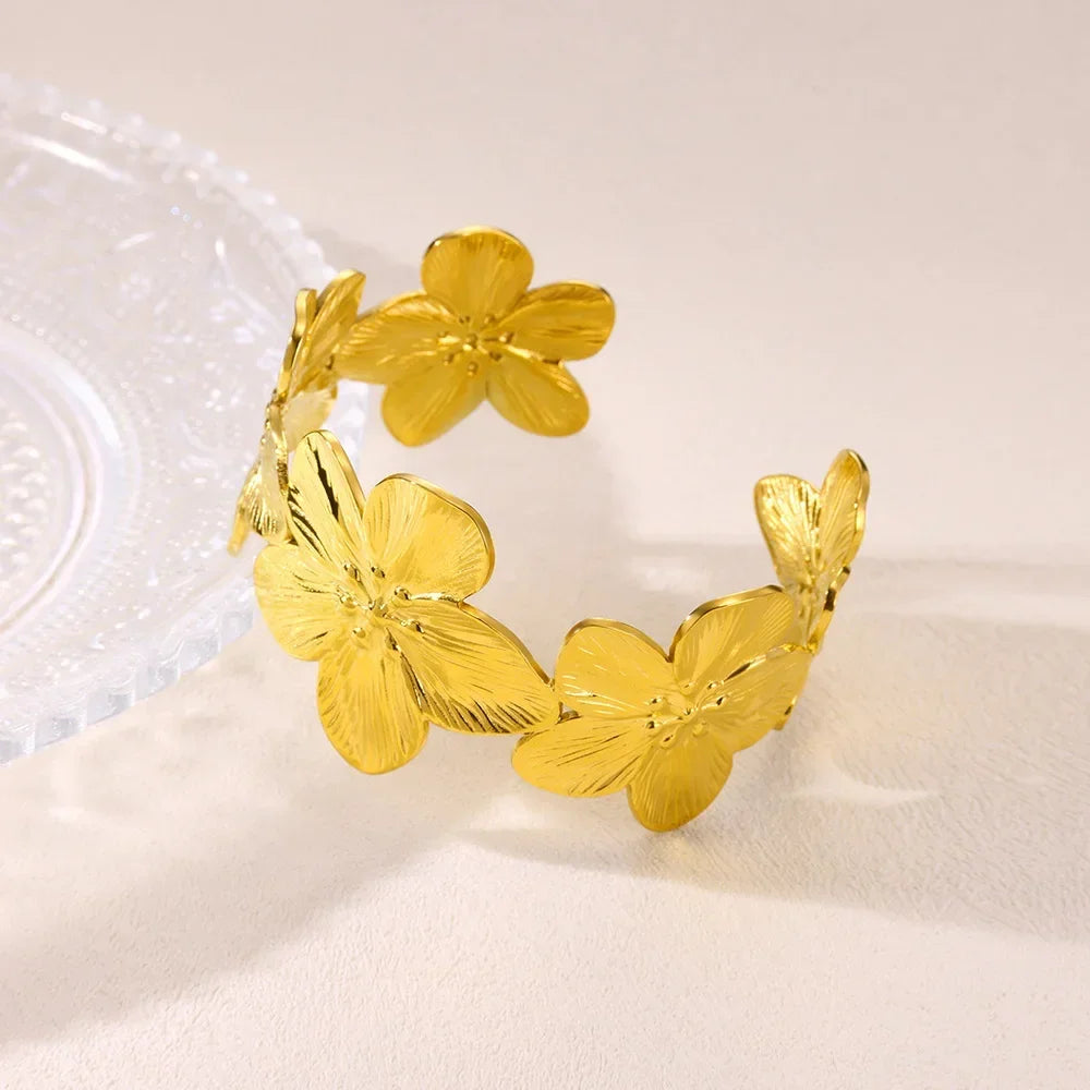 Flower Cuff Bracelet Gold Wide Face Fashion Jewelry for Women Cuff Bracelet Babs
