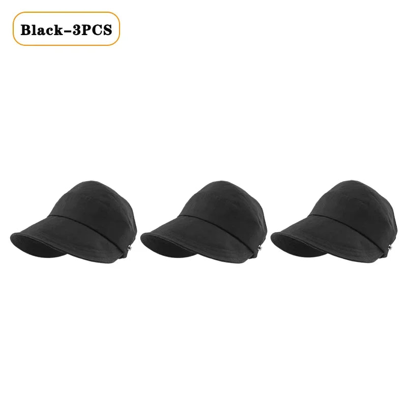 Foldable Wide Brim Ponytail Sun Hat – Adjustable Beach Cap Wide Brim Sun Hat Babs Black-3PCS 55-58cm