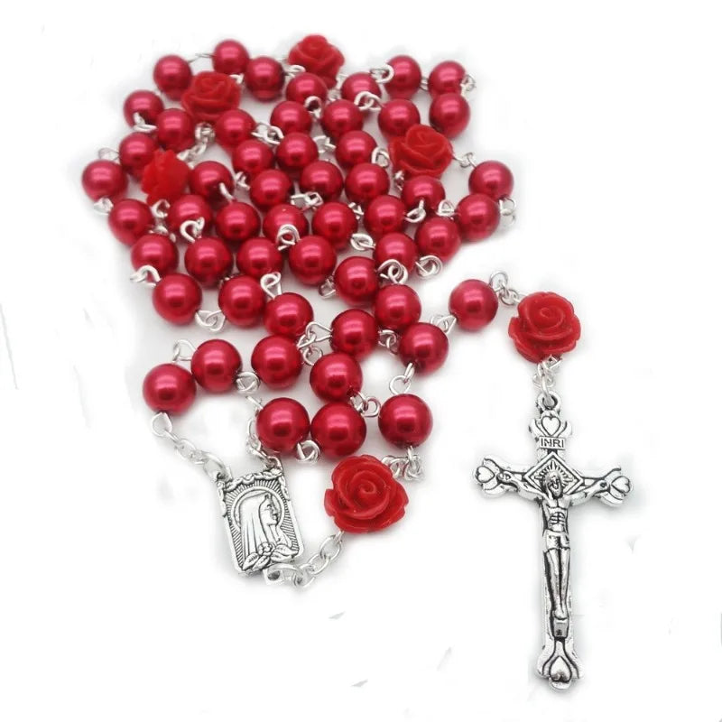 Polymer Clay Bead Rosary Cross Necklace | Catholic Gift Religious Pendant Necklace Babs Red