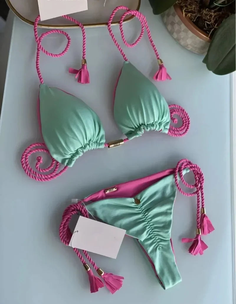 Women's Backless Lace-Up Triangle Bikini Set – Multicolor Bikini Swimsuit Set Babs