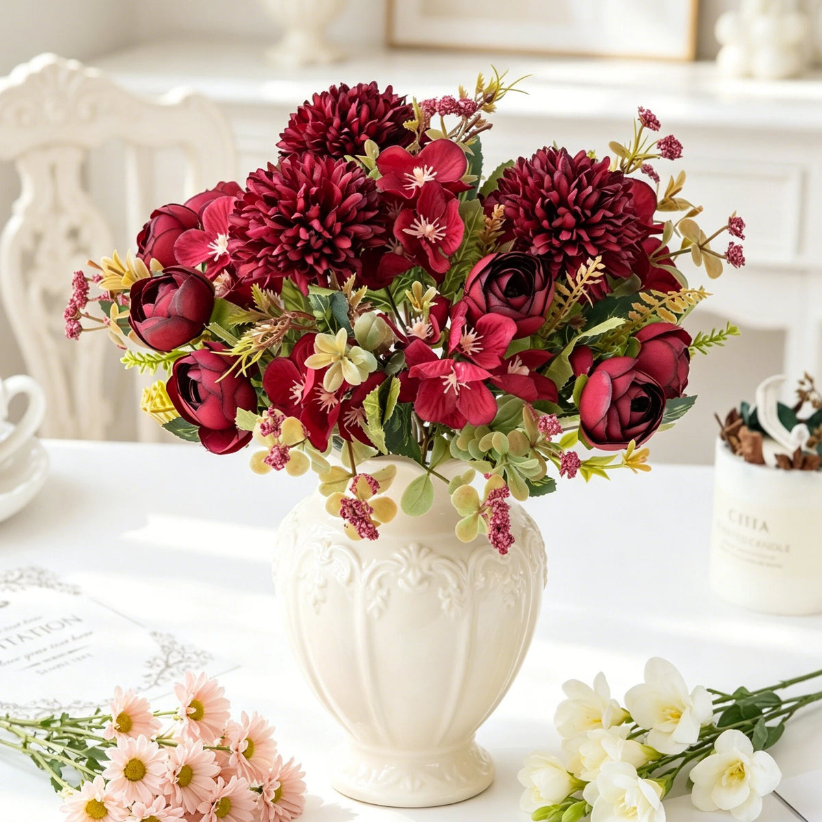 Silk Tea Rose Bud Bouquet – Fake Flowers for Home & Wedding Artificial Flower Bouquet Babs