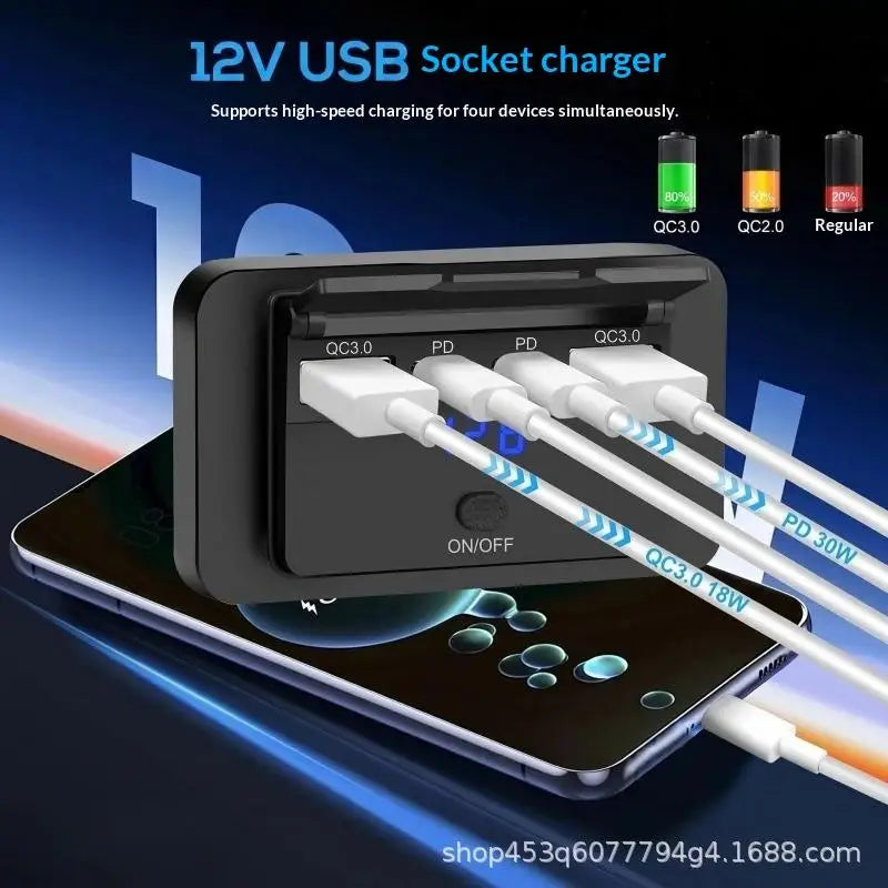 4-Port QC3.0 Fast Car Charger 12V/24V USB Socket with Switch Car Charger Adapter Babs