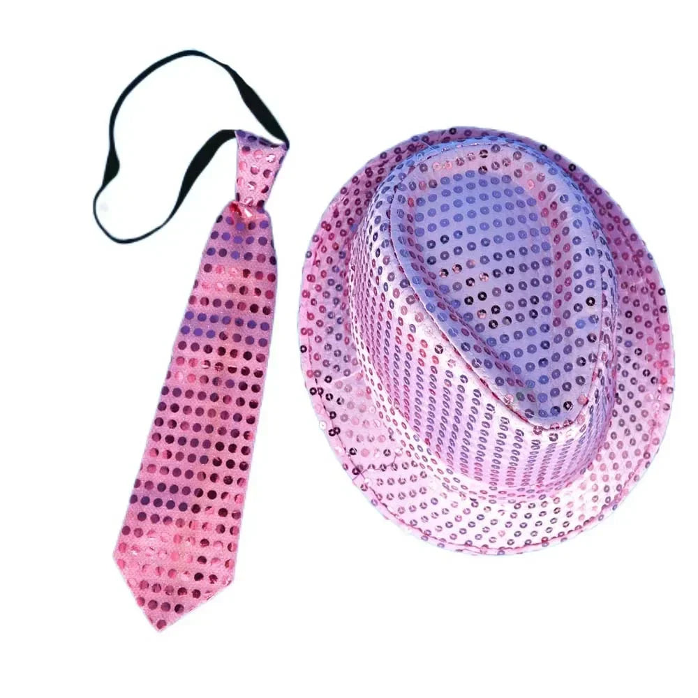 LED Light Up Sequin Jazz Hat & Tie Set | Party Costume LED Party Costume Set Babs light up pink 2 Adult size