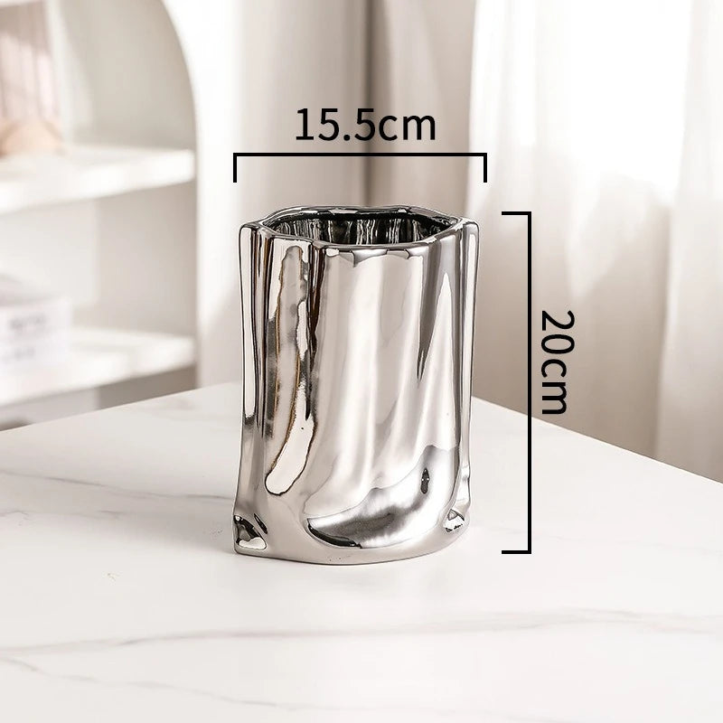 Nordic Silver Ceramic Vase | Modern Home Décor & Gift Idea Decorative Ceramic Vase Babs Pleated Vase