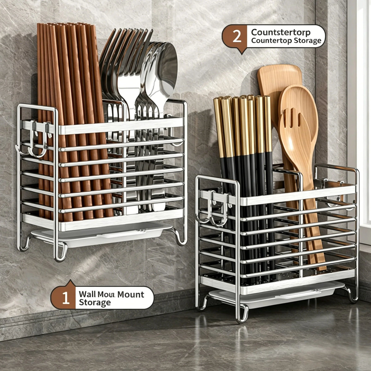 No-Drill Wall-Mounted Stainless Steel Utensil Holder & Rack Kitchen Utensil Holder Babs