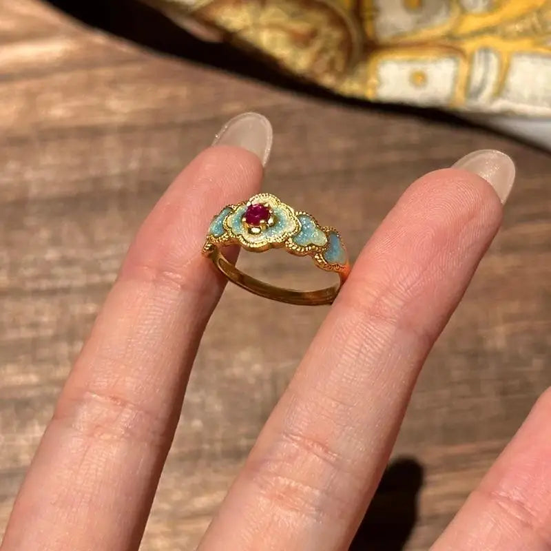 Vintage Palace Auspicious Cloud Ruby Zircon Ring – Adjustable Cocktail Ring Babs