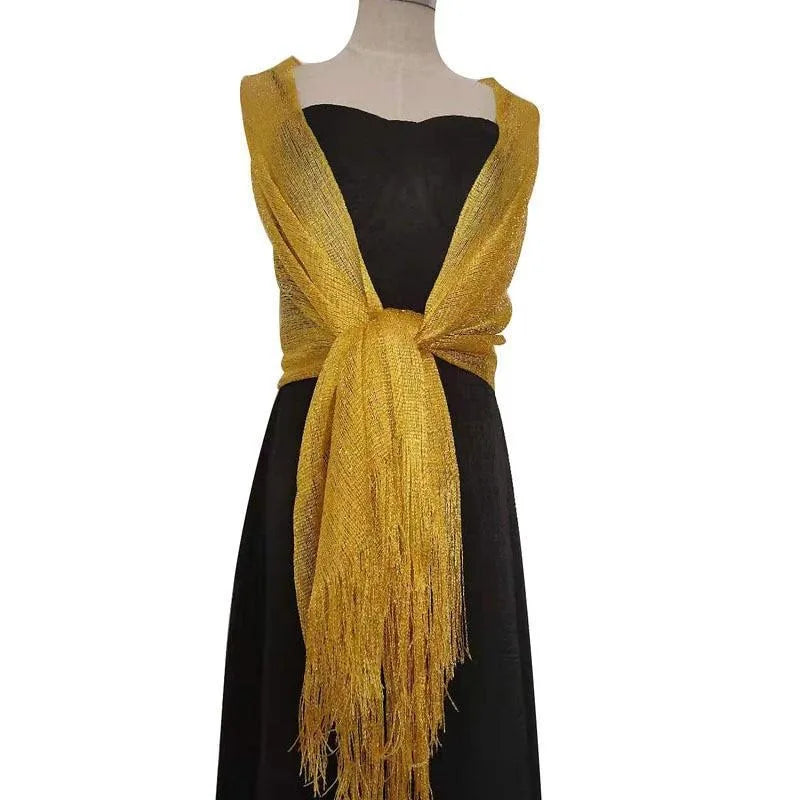 Gold Silver Tassel Shawl Scarf – Bridal & Evening Wrap Evening Wrap Shawl Babs Yellow