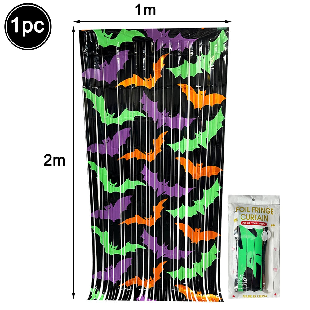 Halloween Foil Fringe Curtain – Bat Ghost Pumpkin Party Backdrop Halloween Party Decoration Babs B
