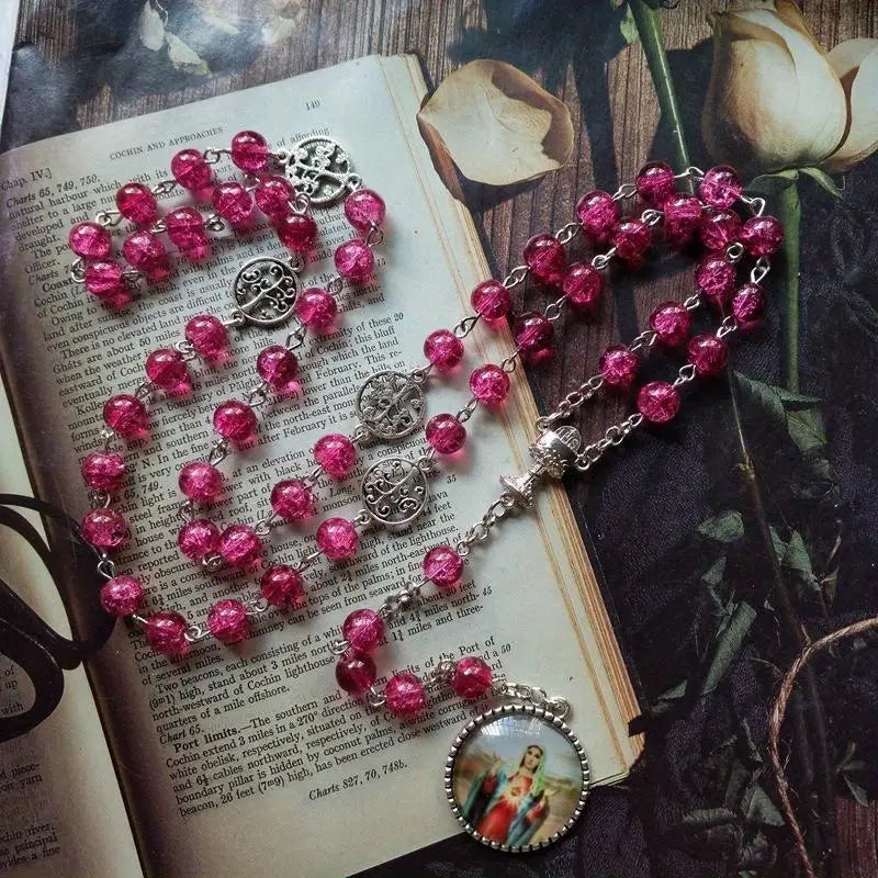 Vintage Virgin Mary Rosary Necklace – Catholic Cross Pendant Religious Rosary Necklace Babs