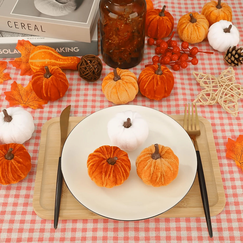 9-Piece Velvet Mini Artificial Pumpkins – Fall Harvest Décor Artificial Pumpkin Decor Babs