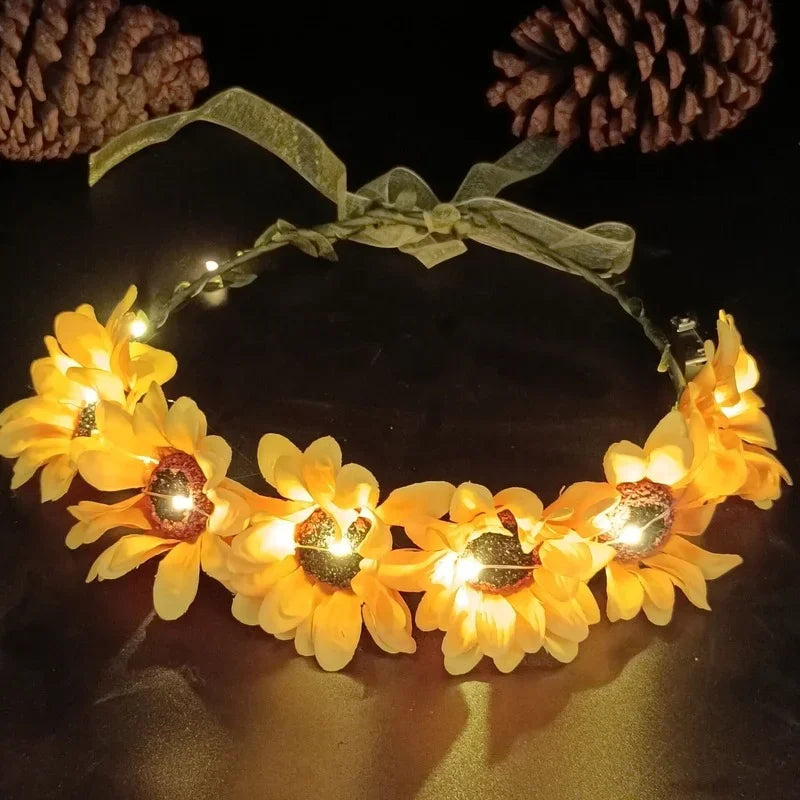 10pcs LED Floral Crown Headbands – Sunflower Wreath Party Set Floral Crown Headband Babs YELLOW