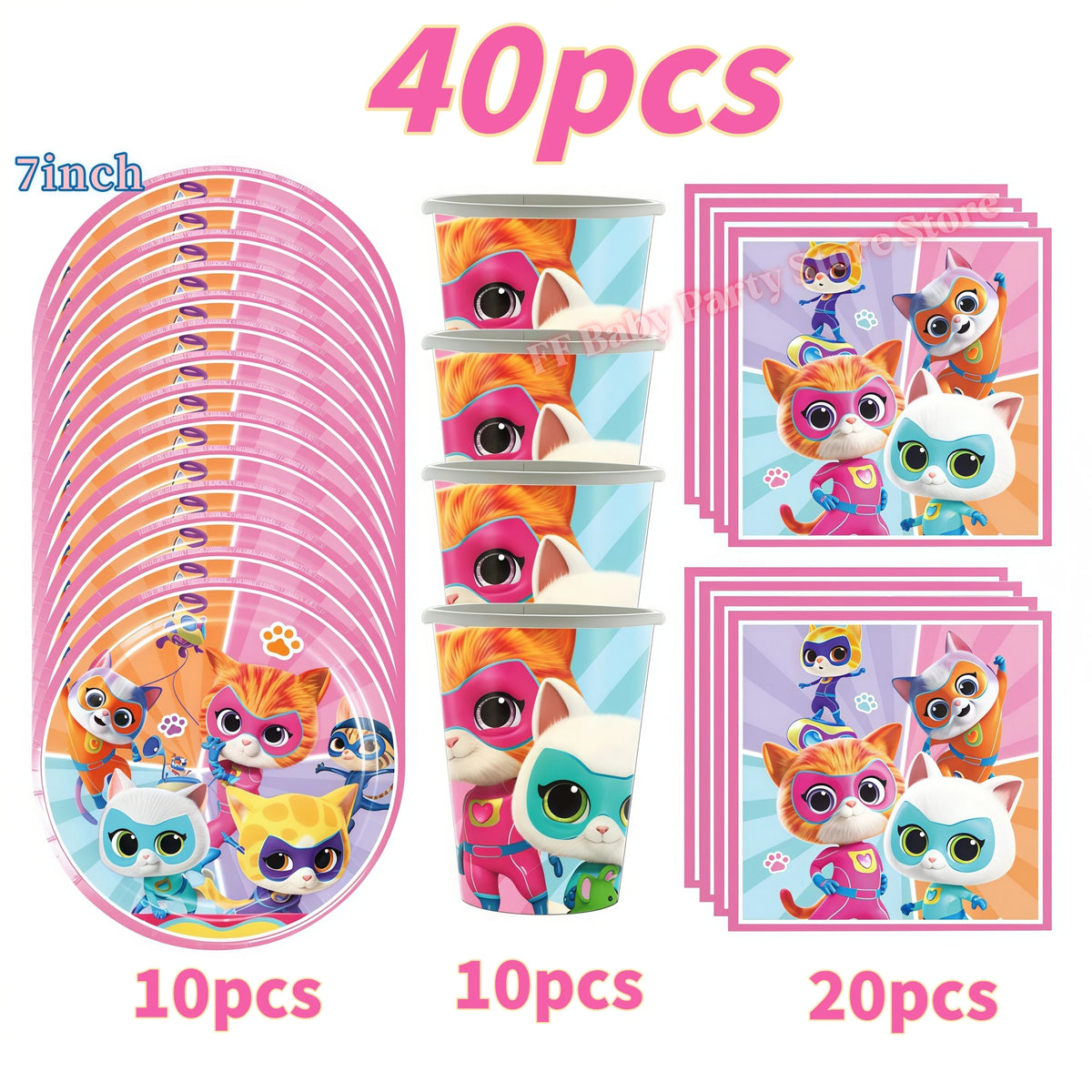 Cat Kitty Birthday Party Supplies – Plates, Cups & Balloons Set Party Supply Kit Babs 40pcs