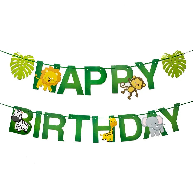 Jungle Safari Party Balloons – Green Latex & Foil Palm Leaf Set Party Balloon Set Babs 1set paper banner as picture