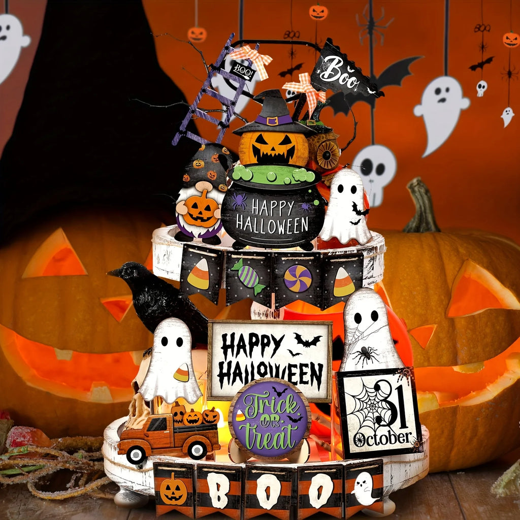 21-Piece Halloween Wooden Tiered Tray Decor Set | Tabletop Halloween Tiered Tray Decor Babs
