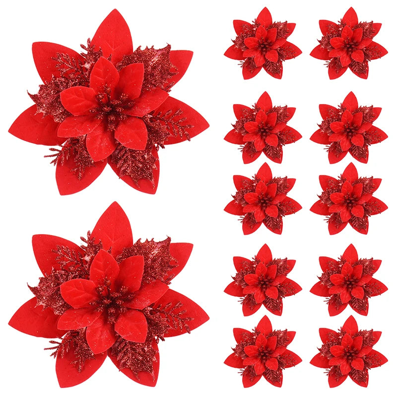 Glitter Pink Artificial Christmas Flower Ornaments 14cm 5/10 Pcs Christmas Ornaments Babs Red 10Pcs