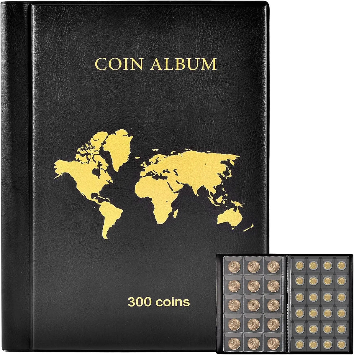 300-Pocket Coin Collection Album – PU Leather Display Book Coin Collection Album Babs black