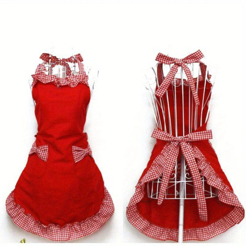 Women's Vintage Bib Apron Dress – Bowknot, Pocket, Canvas Kitchen Apron Dress Babs red