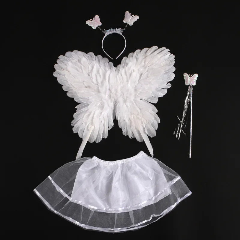 Girls Fairy Butterfly Feather Wings Costume Set with Skirt & Wand Kids Fairy Costume Set Babs white