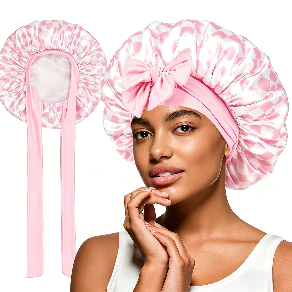 Satin Sleep Bonnet Cherry Print Lace-Up Hair Care Night Cap Satin Sleep Bonnet Babs