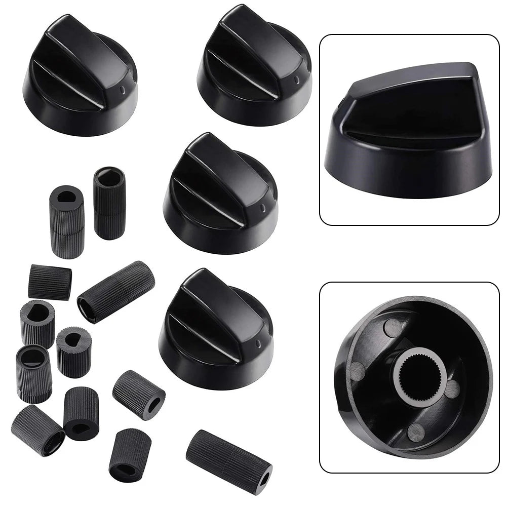 4-Pack Gas Stove Replacement Knobs + 12 Adapters | Black ABS Stove Replacement Knobs Babs