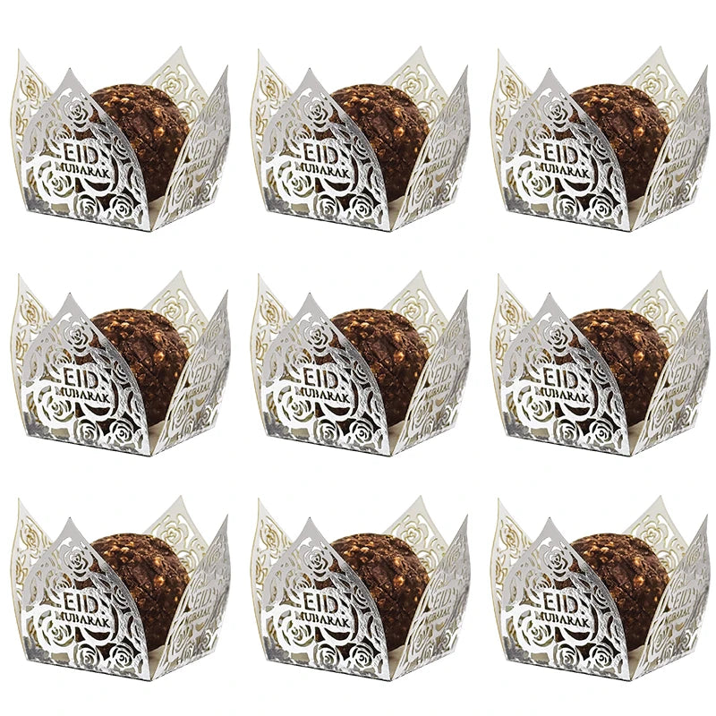 Eid Mubarak Chocolate Wrappers & Mini Baking Cups 10-50Pcs Party Treat Packaging Babs shiny silver 30pcs