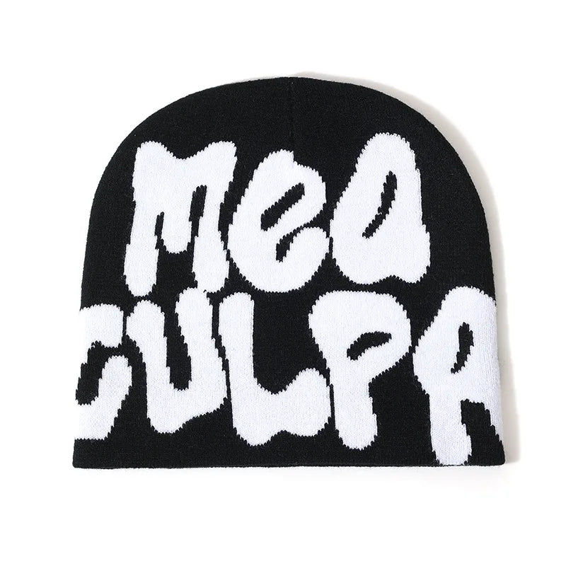 Unisex Y2K 'Mea Culpa' Knitted Beanie Hat – 17 Colors Knitted Beanie Hat Babs black