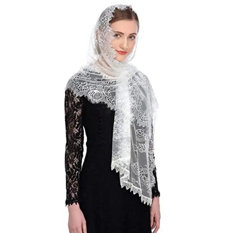 Women's Lace Tassel Mantilla Veil Long Scarf & Shawl Lace Tassel Scarf Babs White