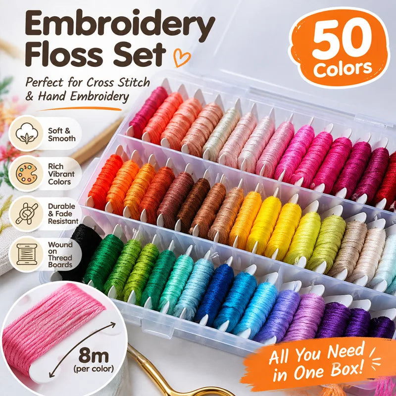 Cotton Embroidery Floss Kit 50 Colors with Storage Box Embroidery Floss Kit Babs