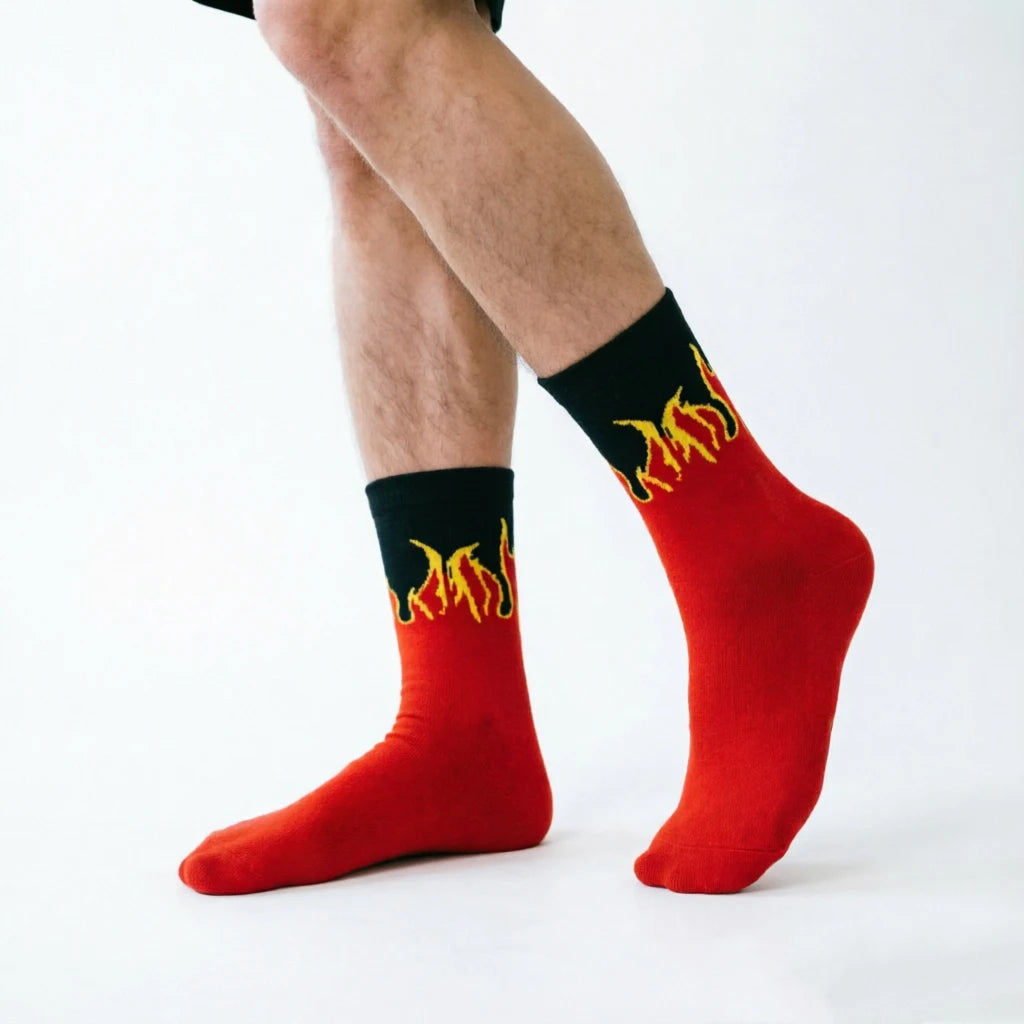 Men's Hip Hop Flame Print Crew Socks | Cotton Skateboard Socks Men's Crew Socks Babs