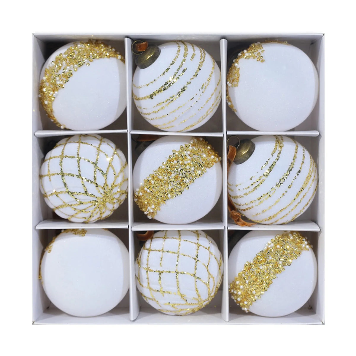 9-Piece Flocked Green Velvet Christmas Ball Ornaments 80MM Set Christmas Ornaments Set Babs 8cm White