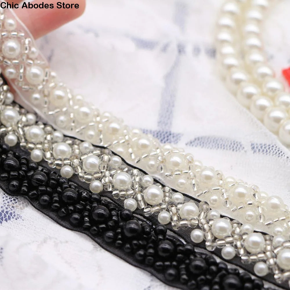 Beaded Pearl Lace Trim Ribbon for Bridal Wedding Dress – 1 Yard Bridal Lace Trim Babs