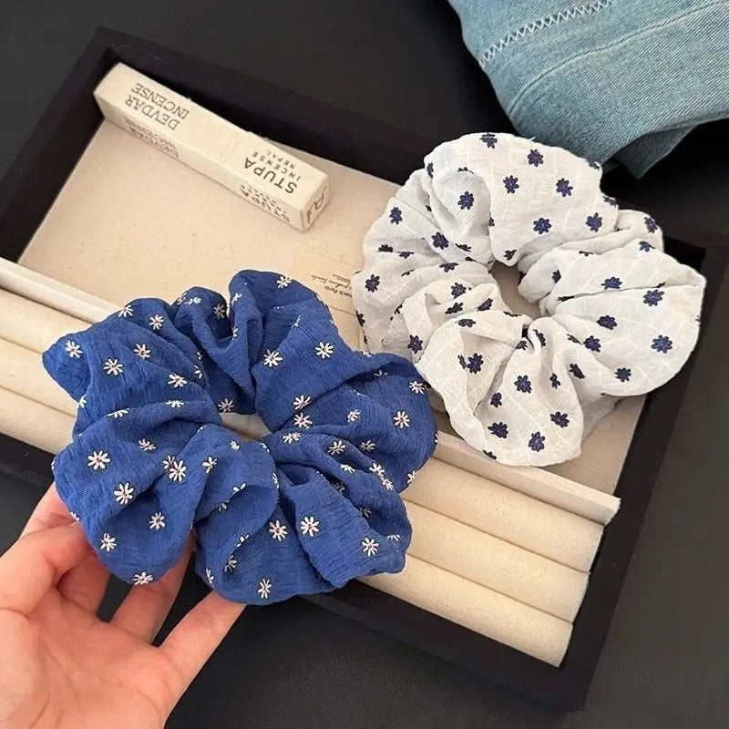 Korean Floral Hair Scrunchies – Blue & White Elastic Hair Ties Hair Scrunchies Babs set
