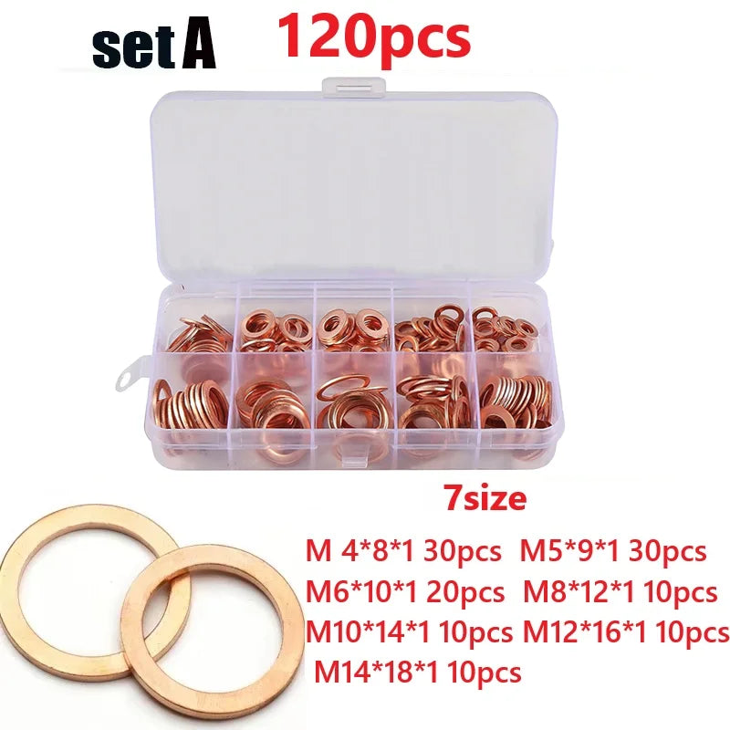 Copper Washer Gasket Set 50/100/120 Pcs Flat Ring Seal Kit Copper Washer Kit Babs 120pcs