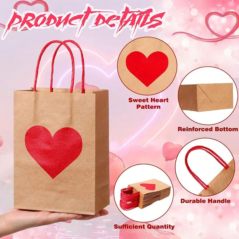 10Pcs Red Heart Kraft Paper Gift Bags with Tags | Party & Wedding Kraft Paper Gift Bags Babs