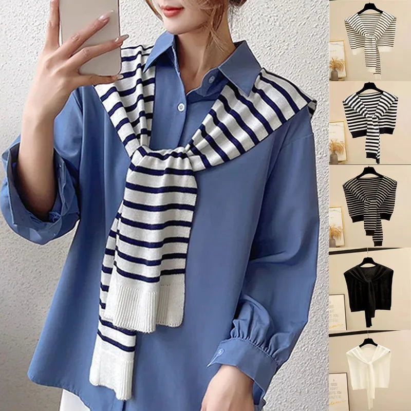Korean Striped Knit Shawl Cape Scarf – Fake Collar, Unisex Knit Shawl Cape Babs