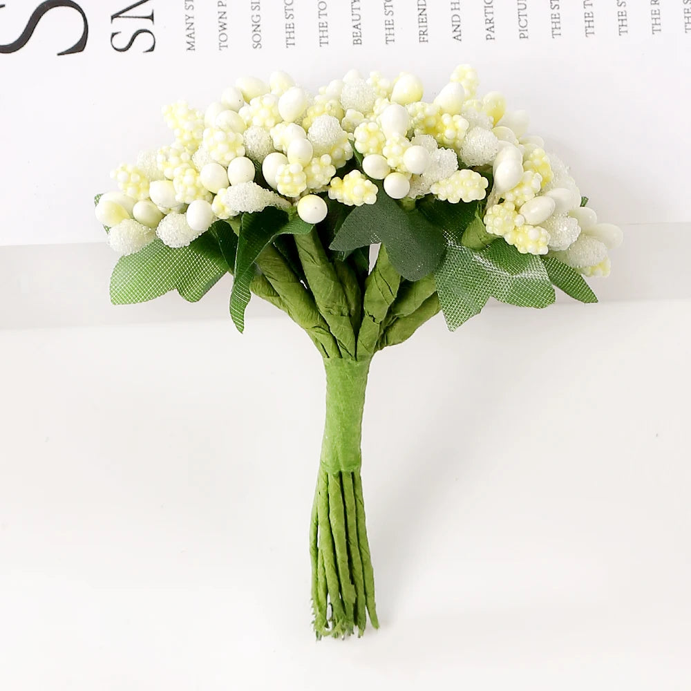 12Pcs Artificial Berry Stamen Flowers – DIY Wedding & Christmas Artificial Craft Flowers Babs Milky White 24Pcs