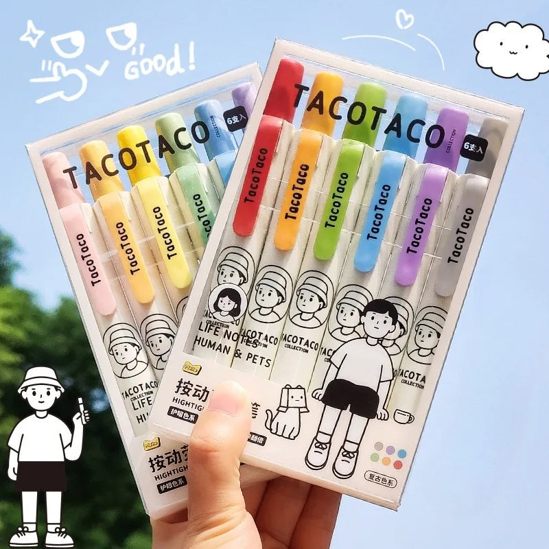 Retractable Highlighter Pens 6-Pack | Pastel Cartoon Colors Highlighter Pen Set Babs