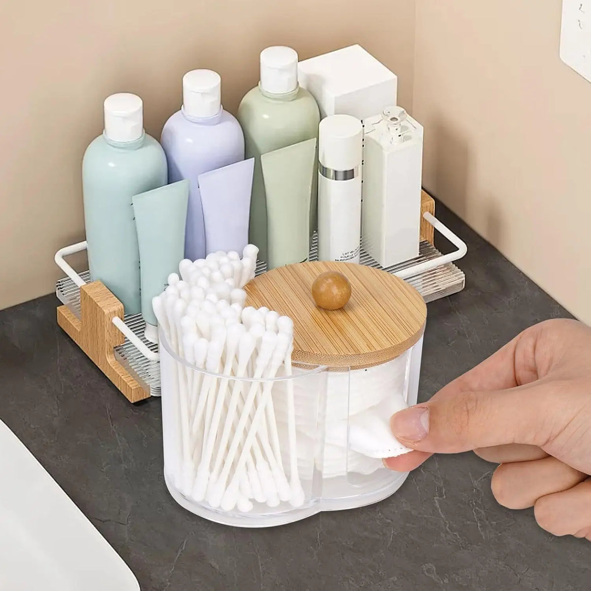 Dual Compartment Clear Cotton Swab & Ball Organizer Bathroom Storage Organizer Babs