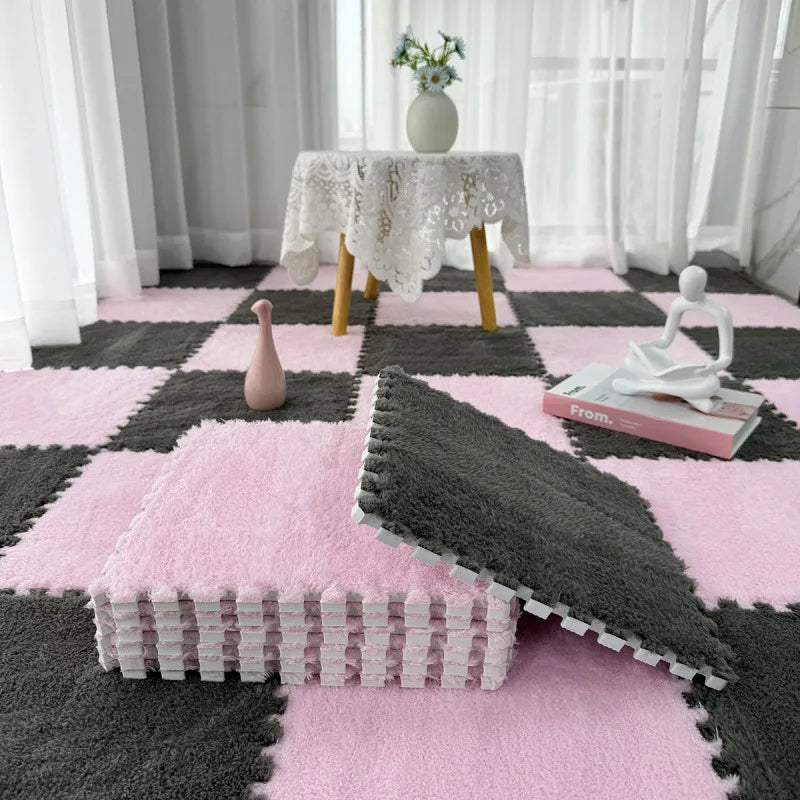Soft Plush Baby Play Mat – EVA Foam Interlocking Puzzle Tiles Baby Play Mat Babs Grey-Pink 4PCS