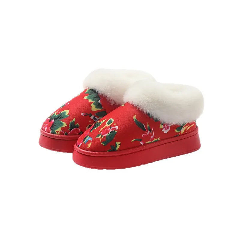 Chinese Floral Fleece-Lined Slippers – Warm Non-Slip Winter Fleece-Lined Slippers Babs