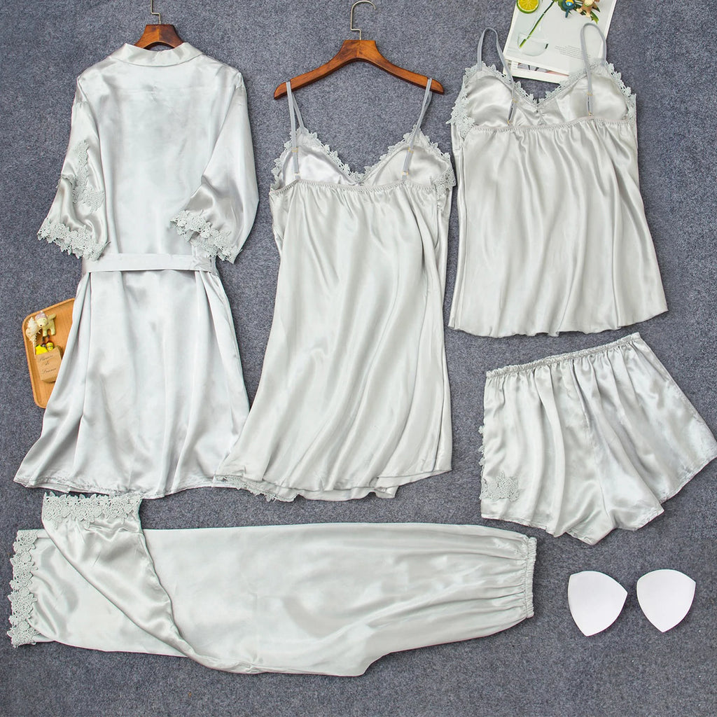 Ice Silk Women's 5-Piece Sleepwear Robe & Nightgown Set Sleepwear Robe Set Babs