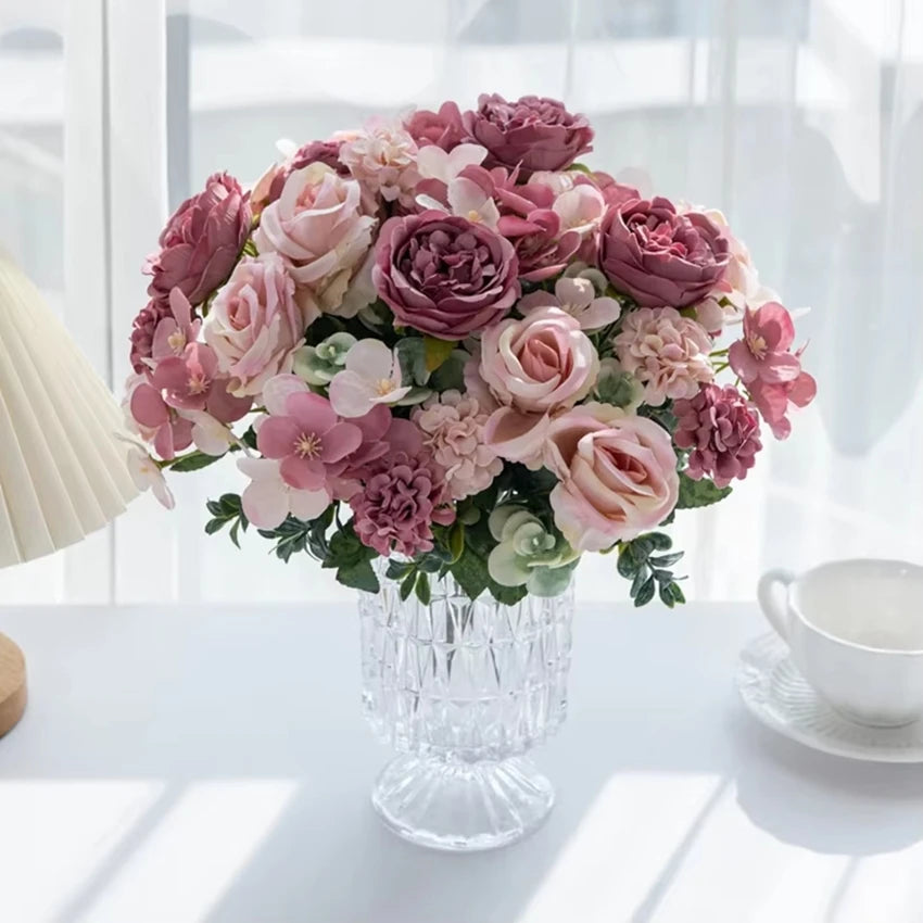Artificial Silk Peony Rose Hydrangea 7-Fork Floral Stem Artificial Floral Stem Babs